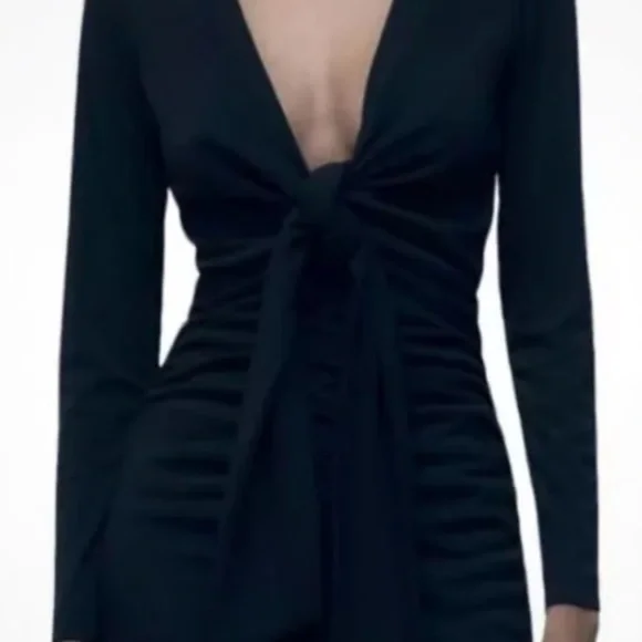 Gianni Bini XL Black Ruched Long Sleeve with Tie Front Bodycon Dress - Picture 3 of 8